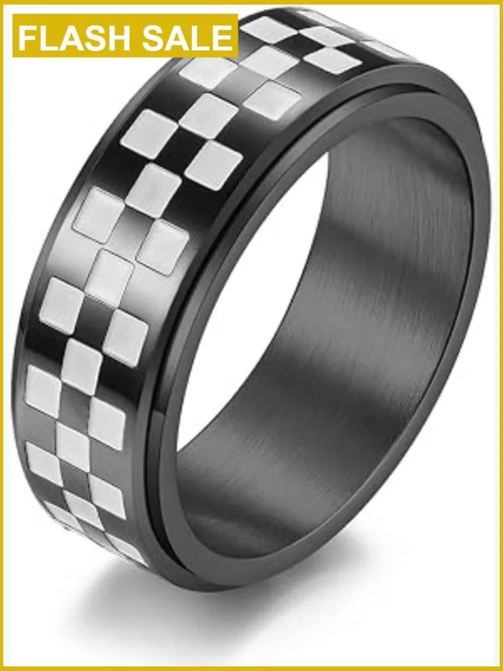 Stainless Steel Spinner Ring 8mm Black White Racing Flag Stress Relief
